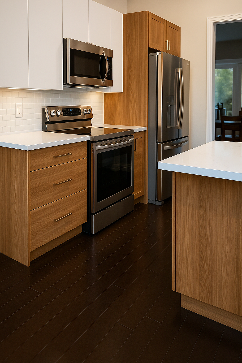 Open concept living space renovation with hardwood floors