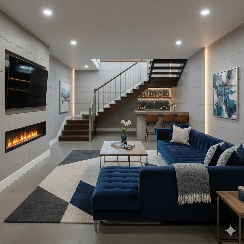 Modern basement renovation with entertainment area
