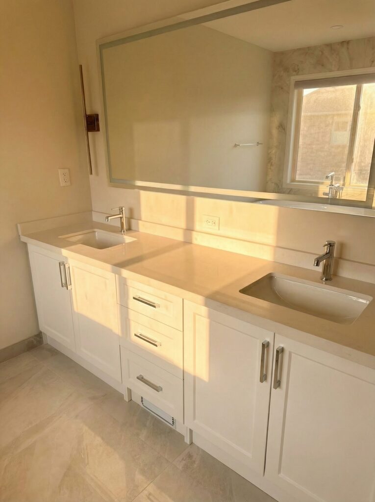 $16,000 bathroom renovation Toronto - double-sink vanity with quartz countertop and large mirror