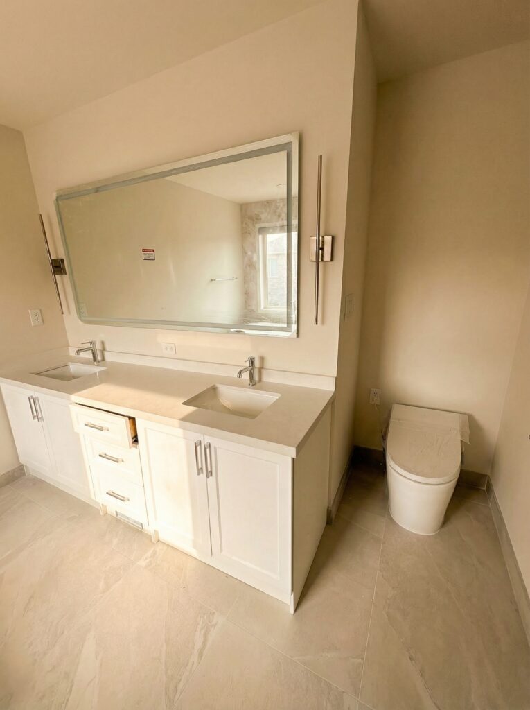 $16,000 bathroom renovation Toronto - double vanity with quartz top and smart toilet