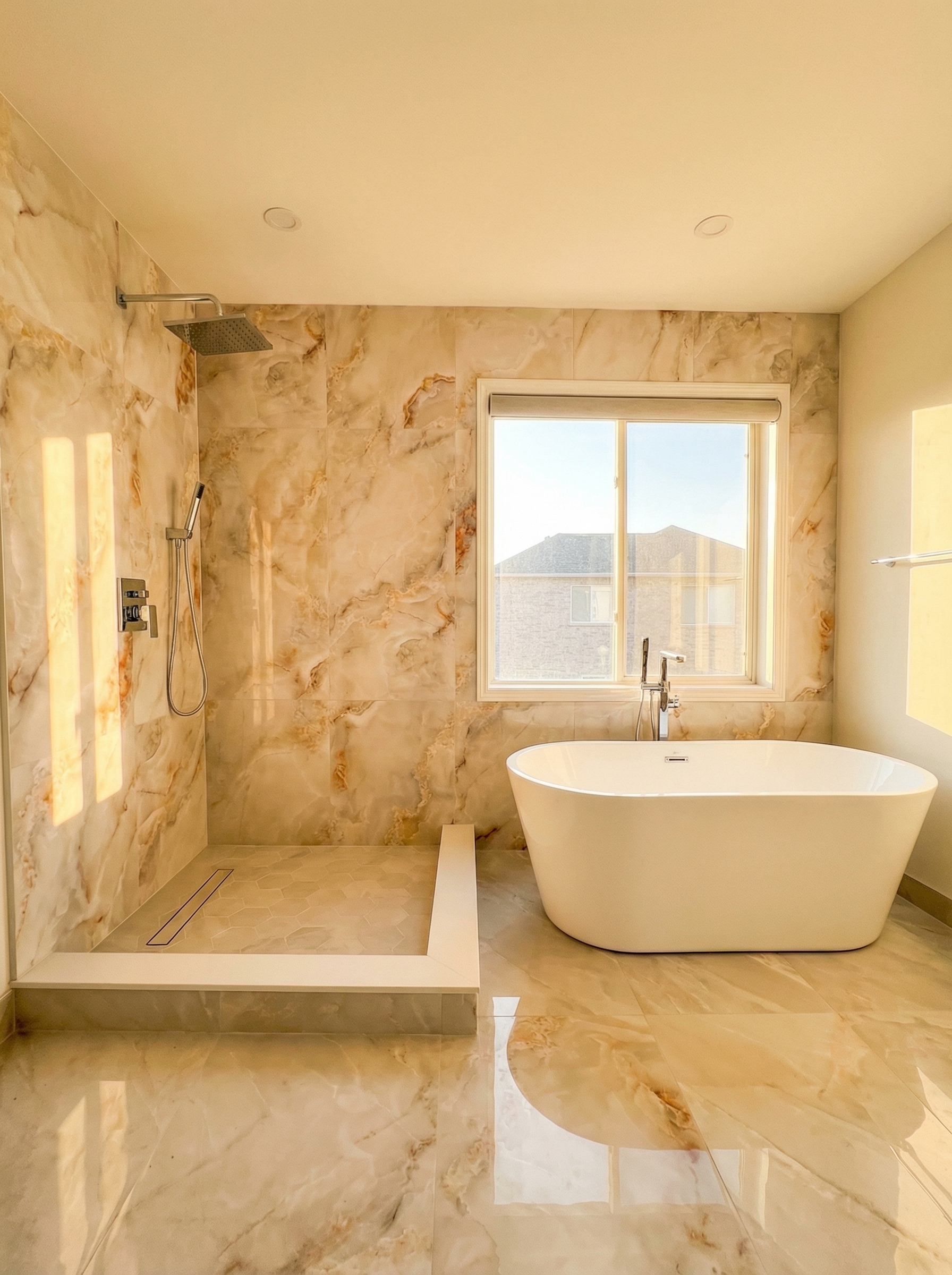 bathroom renovation Toronto - freestanding soaker tub by the window and walk-in rain shower
