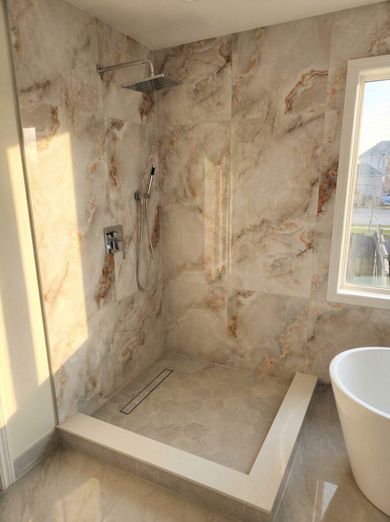 $16,000 bathroom renovation Toronto - walk-in shower with gold-veined porcelain tile and rain showerhead