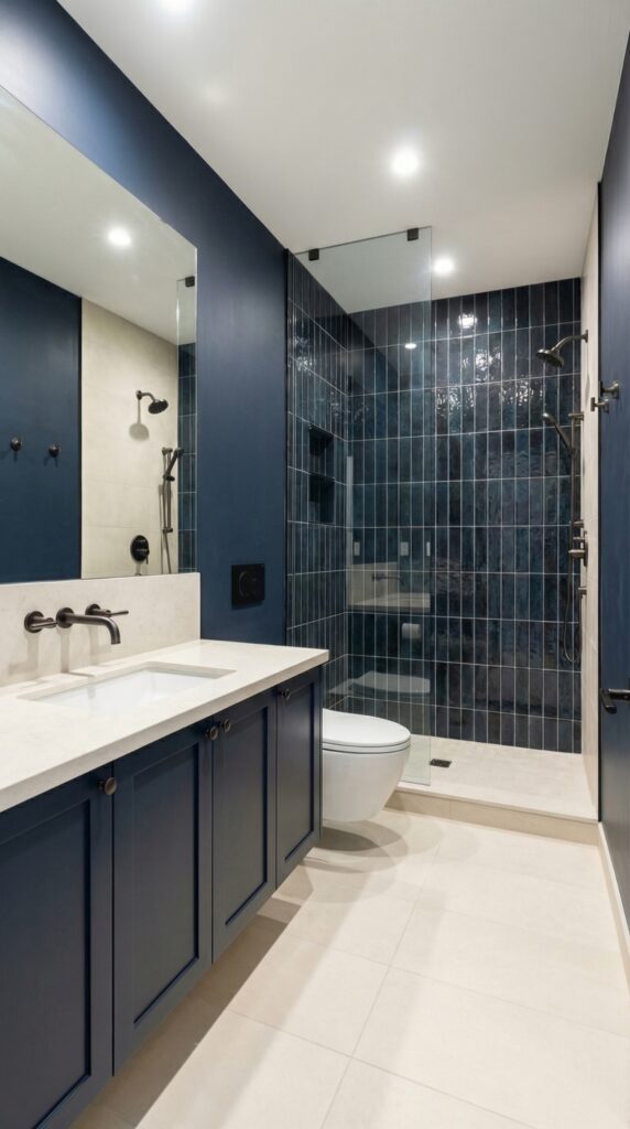 Etobicoke small bathroom with navy walk-in shower and floating vanity
