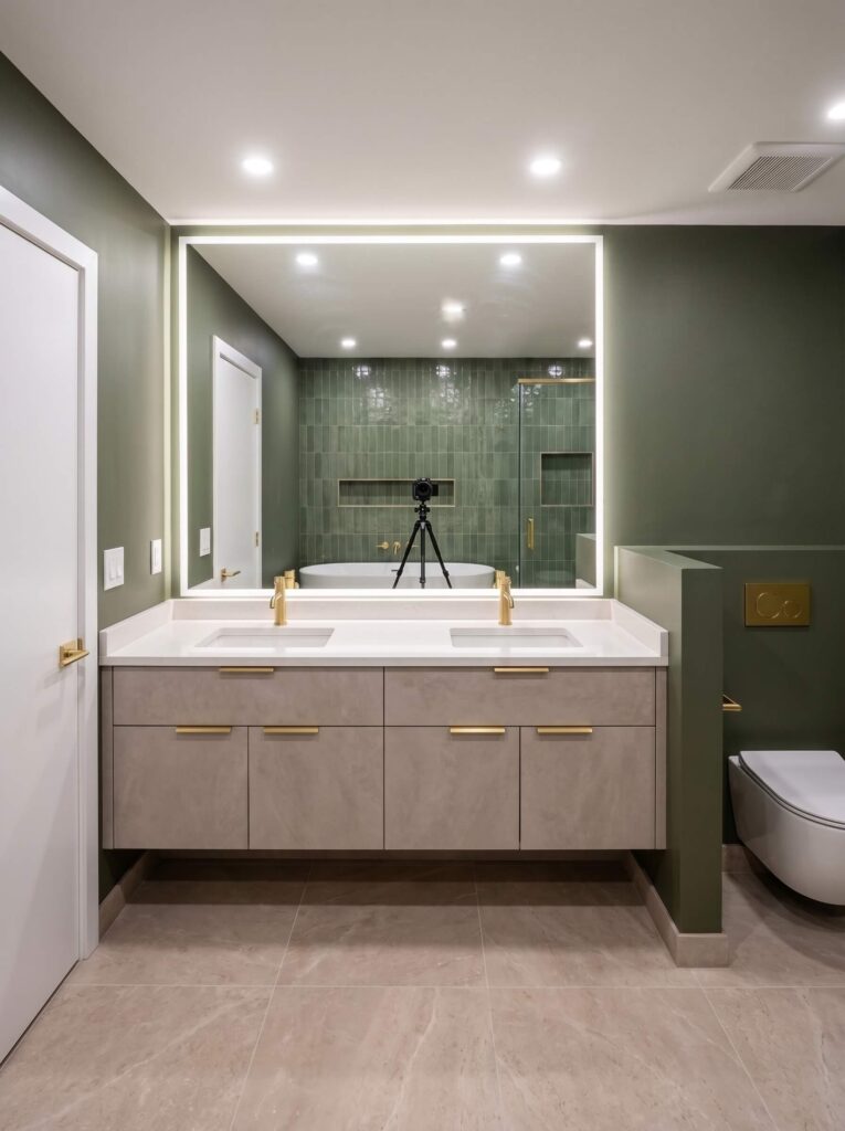 Backlit mirror and layered lighting over a double vanity in a spa bathroom