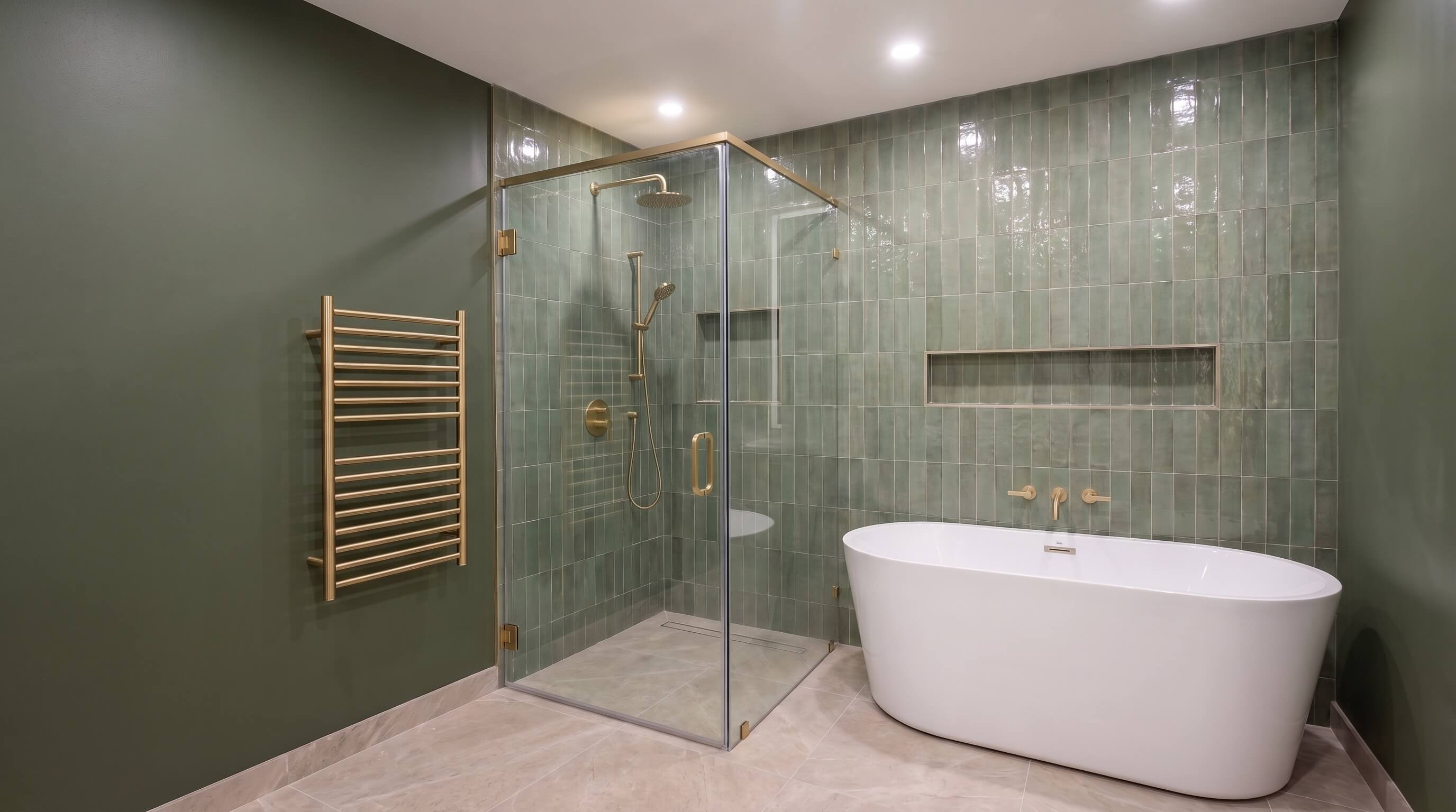Green bathroom renovation in Richmond Hill with a walk-in glass shower, freestanding tub, zellige feature wall and brushed gold heated towel rail