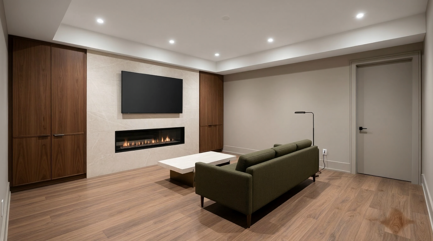 Turnkey basement renovation in Toronto with a linear fireplace, walnut built-ins and wall-mounted TV