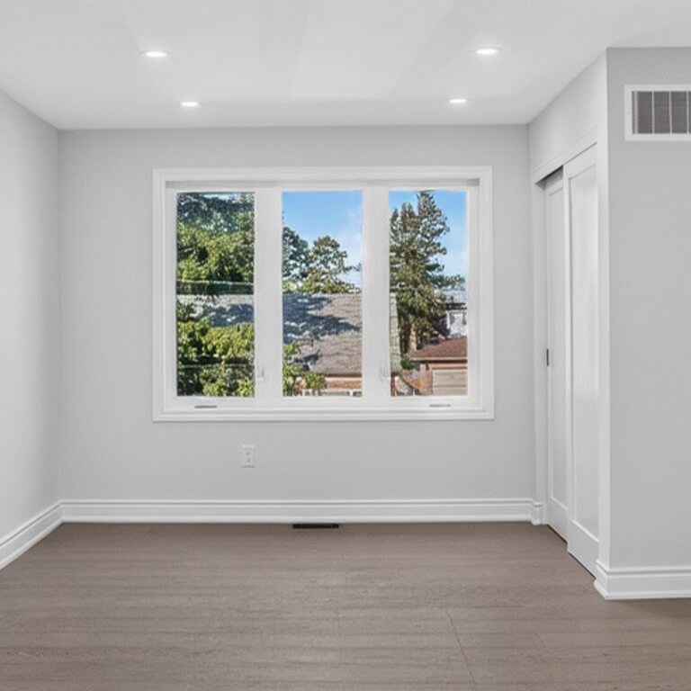 Bedroom on the added second storey with wide plank flooring